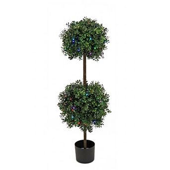 National Tree Company 46 in Artificial Boxwood Double Ball Topiary in Plastic Nursery Pot with 100 RGB LED Lights