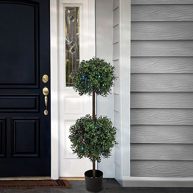 National Tree Company 46-in. Boxwood Double Ball Topiary in Black Plastic Nursery Pot with 100 RGB LED Lights
