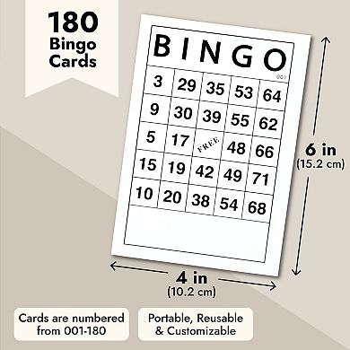 Paper Bingo Cards for Adults, 001-180 Different Paper Sheets, 6x4 In