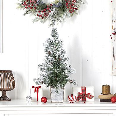 nearly natural 2-ft. Frosted Pre-Lit Artificial Christmas Tree with Pinecones
