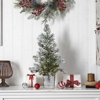 nearly natural 2-ft. Frosted Pre-Lit Artificial Christmas Tree with Pinecones