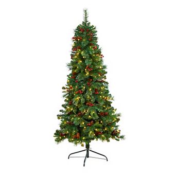 nearly natural 6-ft. LED Flat Back Montreal Mountain Pine Artificial Christmas Tree with Pinecones & Berries