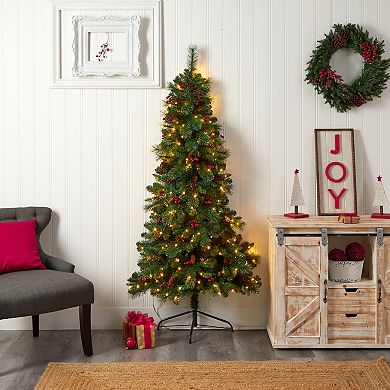 nearly natural 6-ft. LED Flat Back Montreal Mountain Pine Artificial Christmas Tree with Pinecones & Berries