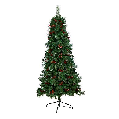 nearly natural 6-ft. LED Flat Back Montreal Mountain Pine Artificial Christmas Tree with Pinecones & Berries