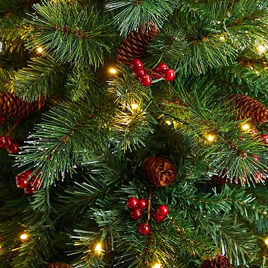 nearly natural 6-ft. LED Flat Back Montreal Mountain Pine Artificial Christmas Tree with Pinecones & Berries