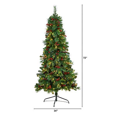 nearly natural 6-ft. LED Flat Back Montreal Mountain Pine Artificial Christmas Tree with Pinecones & Berries