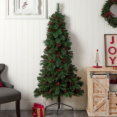 nearly natural 6-ft. LED Flat Back Montreal Mountain Pine Artificial Christmas Tree with Pinecones & Berries