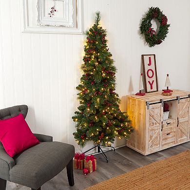 nearly natural 6-ft. LED Flat Back Montreal Mountain Pine Artificial Christmas Tree with Pinecones & Berries