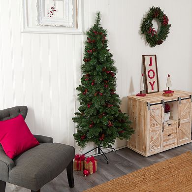 nearly natural 6-ft. LED Flat Back Montreal Mountain Pine Artificial Christmas Tree with Pinecones & Berries