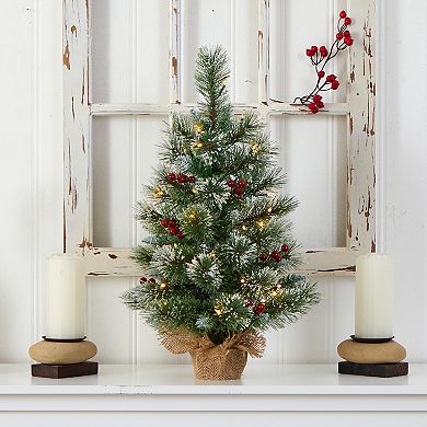 nearly natural 2-ft. LED Snow Tipped Pine & Berry Artificial Christmas Tree