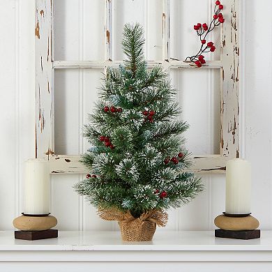 nearly natural 2-ft. LED Snow Tipped Pine & Berry Artificial Christmas Tree