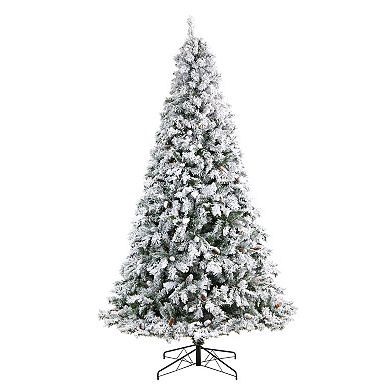 nearly natural 9-ft. LED Flocked White River Mountain Pine Artificial Christmas Tree with Pinecones