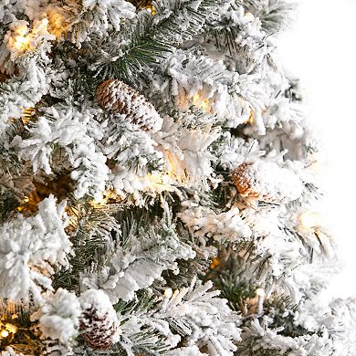 nearly natural 9-ft. LED Flocked White River Mountain Pine Artificial Christmas Tree with Pinecones