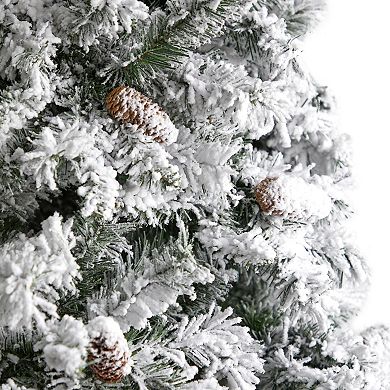 nearly natural 9-ft. LED Flocked White River Mountain Pine Artificial Christmas Tree with Pinecones