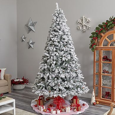 nearly natural 9-ft. LED Flocked White River Mountain Pine Artificial Christmas Tree with Pinecones