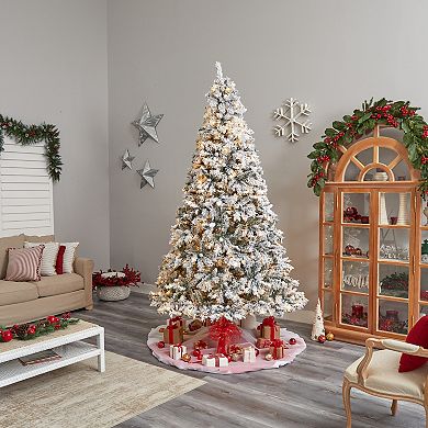 nearly natural 9-ft. LED Flocked White River Mountain Pine Artificial Christmas Tree with Pinecones