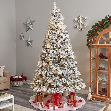 nearly natural 9-ft. LED Flocked White River Mountain Pine Artificial Christmas Tree with Pinecones