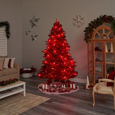 nearly natural 8-ft. Pre-Lit Red Flocked Fraser Fir Artificial Christmas Tree