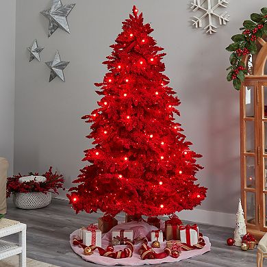 nearly natural 8-ft. Pre-Lit Red Flocked Fraser Fir Artificial Christmas Tree