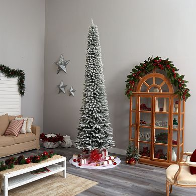 nearly natural 11-ft. Pre-Lit Flocked Pencil Spruce Artificial Christmas Tree