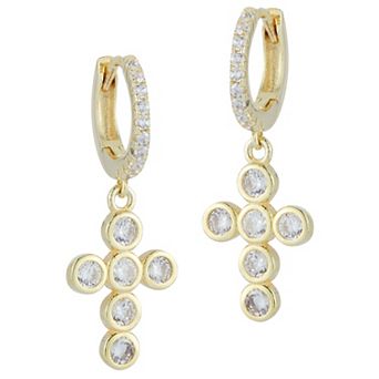Sunkissed Sterling Cubic Zirconia Charm Huggie Cross Earrings