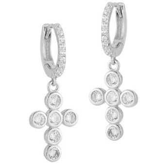 Sunkissed Sterling Cubic Zirconia Charm Huggie Cross Earrings