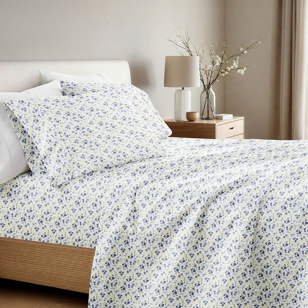Urban Loft's 4pc Floral Farmhouse Patterns Premium Softness Sheet Set - Wildflower Light Blue, KING SET