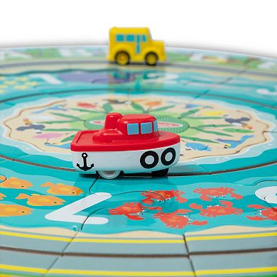 Melissa & Doug Round the Shore Tracks Cardboard Jigsaw Floor Puzzle and Wind-Up Vehicles