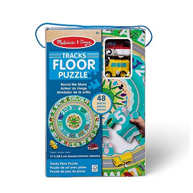 Melissa & Doug Round the Shore Tracks Cardboard Jigsaw Floor Puzzle and Wind-Up Vehicles