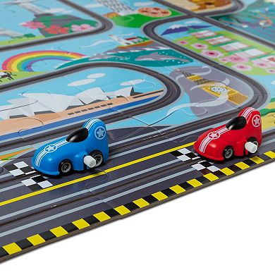 Melissa & Doug Race Around the World Tracks Cardboard Jigsaw Floor Puzzle and Wind-Up Vehicles