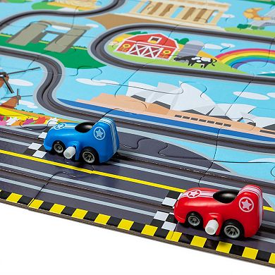 Melissa & Doug Race Around the World Tracks Cardboard Jigsaw Floor Puzzle and Wind-Up Vehicles