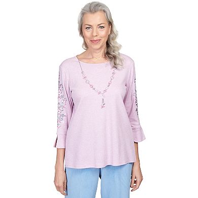 Petite Alfred Dunner Embroidered Flutter Sleeve Top With Necklace