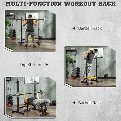 Soozier Adjustable Barbell Rack, Squat Rack with Dip Station and Push Up Stand, Multi-Function Weight Lifting for Home Gym