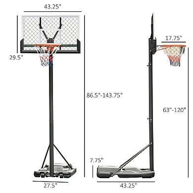 Basketball Hoop W/ 2 Built-in Moving Wheels And Ball Holder, 86.5"-143.5" H
