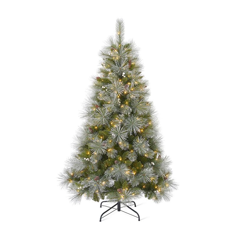 Seasonal 6-ft. Pre-Lit Glistening Mountain Pine Artificial Christmas Tree with Pinecones & White Berries - Warm White LED Lights, Green