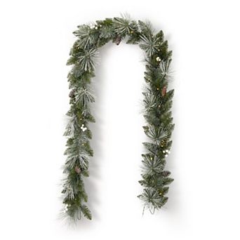 Seasonal LLC 9-ft. Pre-Lit Glistening Mountain Pine Garland with Pinecones & White Berries - Warm White LED Lights