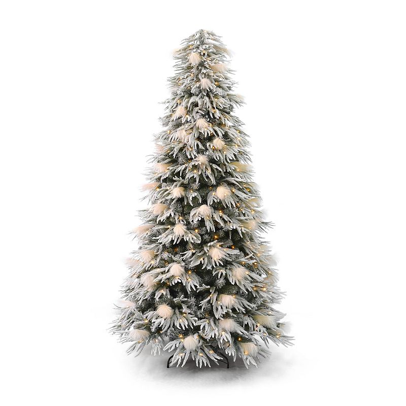 Seasonal 7.5-ft. Pre-Lit Pine & Pampas Flocked Artificial Christmas Tree - Warm White LED Lights, Green