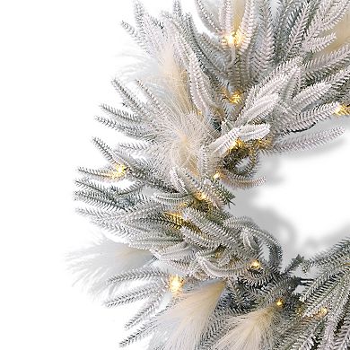 Seasonal 26" Pre-Lit Pine & Pampas Artificial Christmas Wreath - Warm White LED Lights