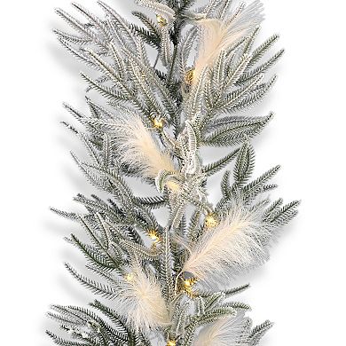 Seasonal 9-ft. Pre-Lit Pine & Pampas Flocked Artificial Christmas Garland - Warm White LED Lights