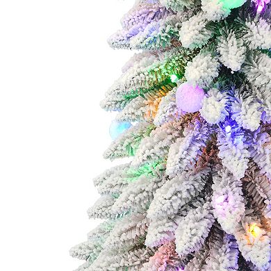 Seasonal 5-ft. Pre-Lit Snow Kissed Pine Flocked Slim Artificial Christmas Tree - Color Changing LED Lights