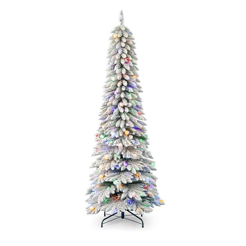 Seasonal 7-ft. Pre-Lit Snow Kissed Pine Flocked Slim Artificial Christmas Tree - Color Changing LED Lights, Green