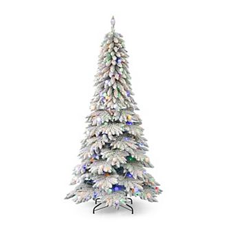 Seasonal 7.5-ft. Pre-Lit Snow Kissed Pine Flocked Slim Artificial Christmas Tree - Color Changing LED Lights