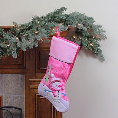 Northlight 20.5" Pink Embroidered Ice Skating Snowman and Christmas Tree Stocking