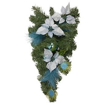 Northlight 22" Peacock Feather and Poinsettia Unlit Artificial Christmas Teardrop Swag