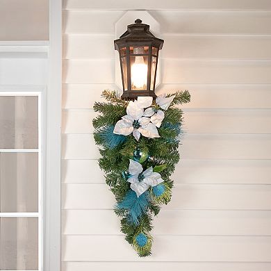 Northlight 22" Peacock Feather and Poinsettia Unlit Artificial Christmas Teardrop Swag