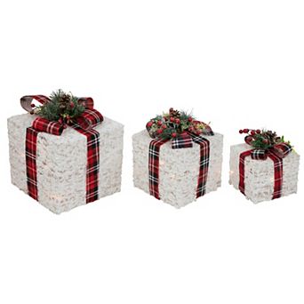 Northlight Lighted Red Plaid Gift Boxes Outdoor Decorations 3 pc