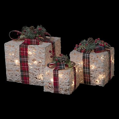 Northlight Lighted Red Plaid Gift Boxes Outdoor Decorations 3-piece