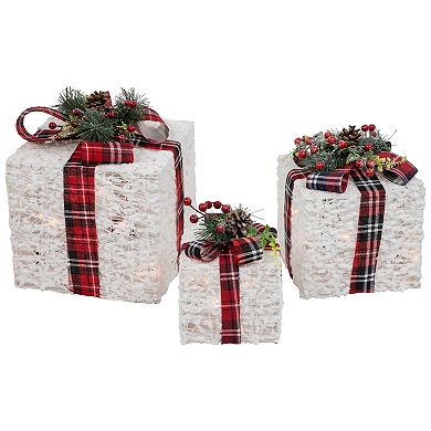 Northlight Lighted Red Plaid Gift Boxes Outdoor Decorations 3-piece