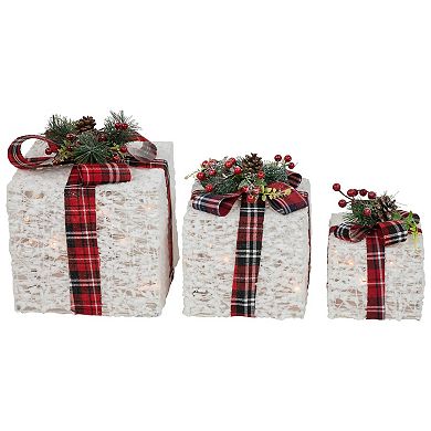 Northlight Lighted Red Plaid Gift Boxes Outdoor Decorations 3-piece