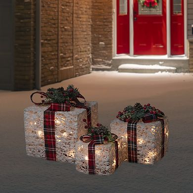 Northlight Lighted Red Plaid Gift Boxes Outdoor Decorations 3-piece